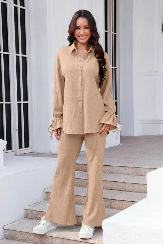 Flouncy Sleeve Drawstring Top and Pant Duo Set