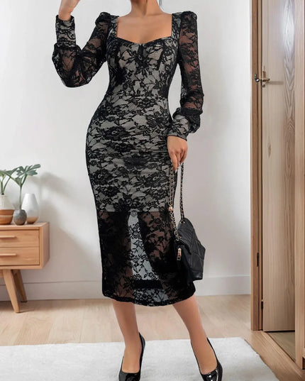 Perfee Lace Sweetheart Neck Long Sleeve Midi Dress