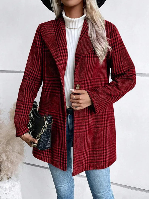 Plaid Button-Up Long Sleeve Jacket with Collar