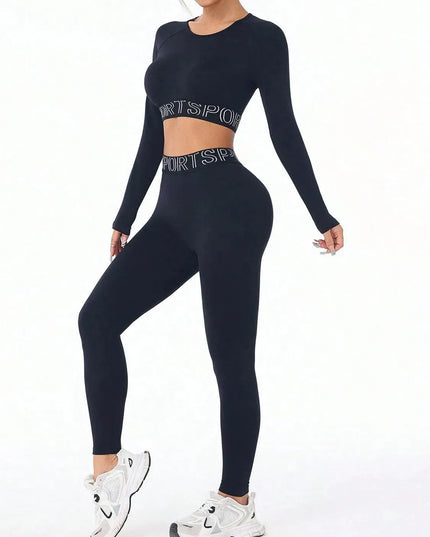 Letter Print Round Neck Long Sleeve Top and Leggings Active Set - ShopEasier