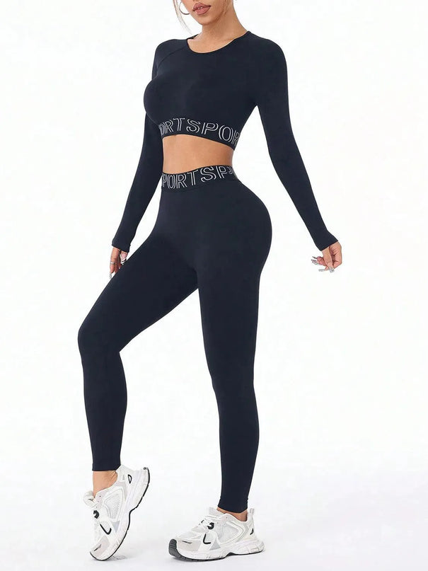 Letter Print Round Neck Long Sleeve Top and Leggings Active Set - ShopEasier