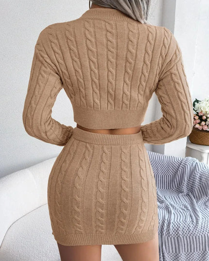 Cable-Knit Sweater Dress Set with Round Neck Top and Skirt