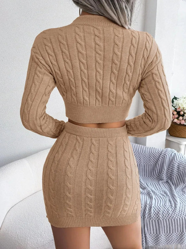 Cable-Knit Sweater Dress Set with Round Neck Top and Skirt