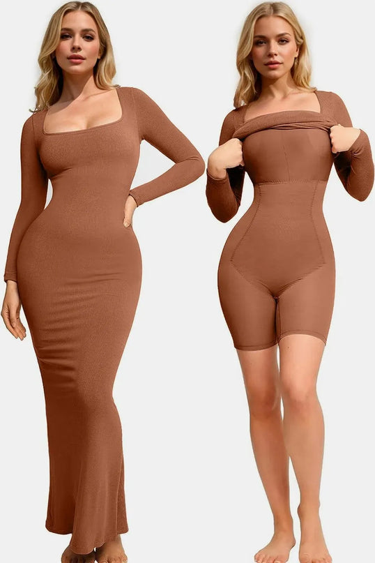 Basic Bae Built-In Shapewear Square Neck Long Sleeve Maxi Dress - ShopEasier