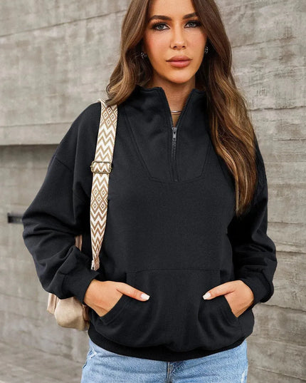 Cozy Pocketed Half Zip Drop Shoulder Sweatshirt