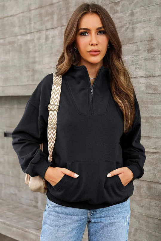 Cozy Pocketed Half Zip Drop Shoulder Sweatshirt