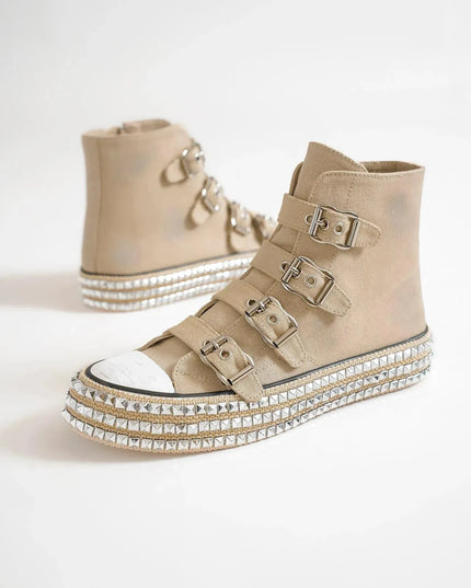 Beast Fashion Multi-Buckle Straps Studded Platform Sneakers