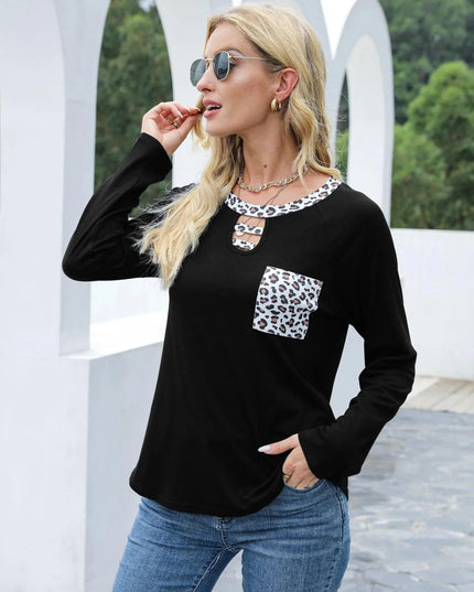 Leopard Print Cutout Long Sleeve Tee with Pocket