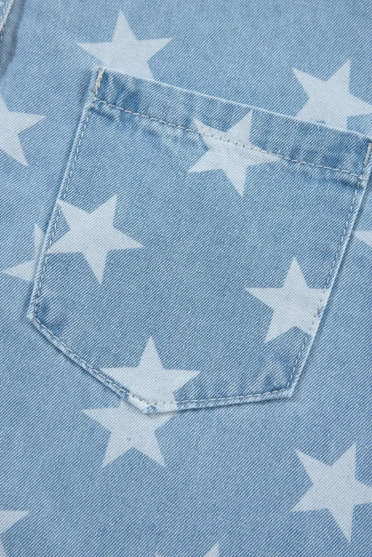 Raw Hem Star Collared Neck Denim Top - ShopEasier