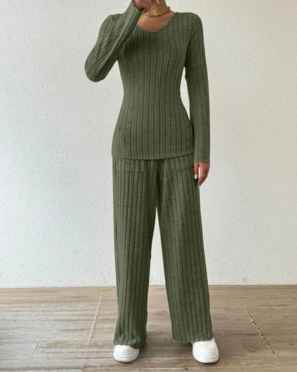 V-Neck Ribbed Long Sleeve Top with Pocketed Trousers Set