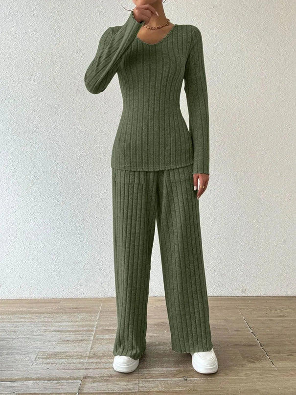 V-Neck Ribbed Long Sleeve Top with Pocketed Trousers Set