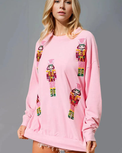 Double Take Sequin Nutcracker Round Neck Long Sleeve Sweatshirt - ShopEasier