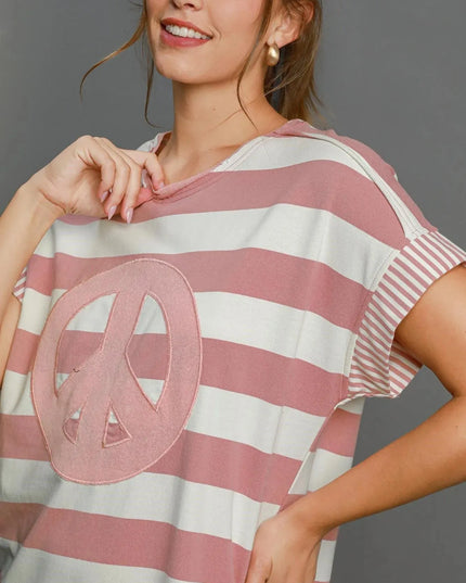 Umgee Peace Applique Striped Short Sleeve Mini Dress