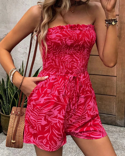 Perfee Smocked Printed Tube Romper with Pockets - ShopEasier