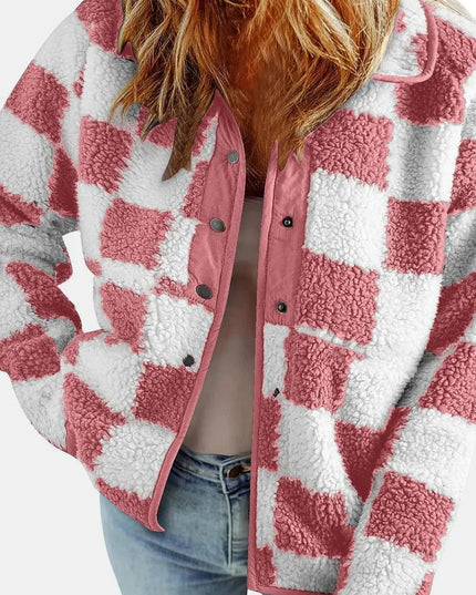 Checkered Snap Down Long Sleeve Teddy Jacket - ShopEasier