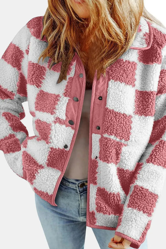 Checkered Snap Down Long Sleeve Teddy Jacket - ShopEasier