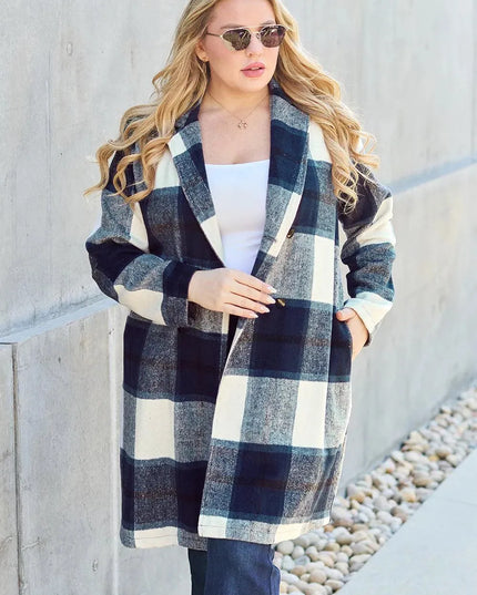 Plaid Button-Up Lapel Coat with Pockets - Full Size Double Take Design