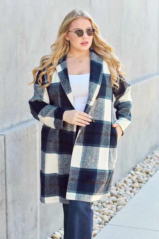 Plaid Button-Up Lapel Coat with Pockets - Full Size Double Take Design