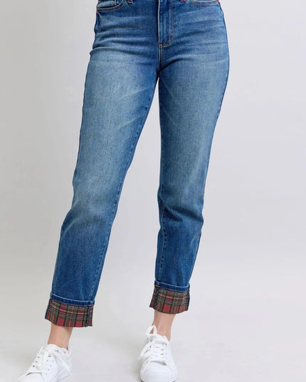 Judy Blue Full Size Plaid Print Cuff Straight Leg Jeans with Pockets - ShopEasier