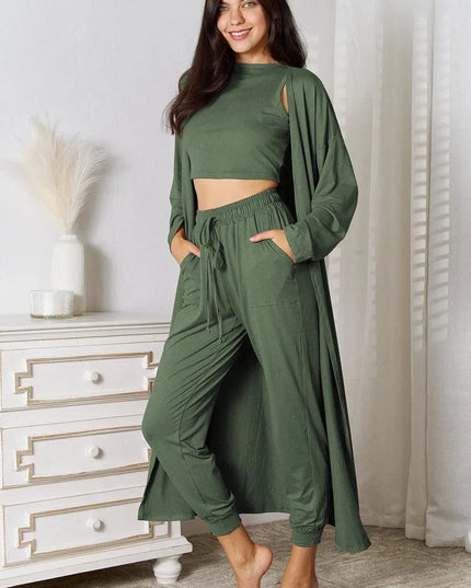 Three-Piece Tied Cardigan, Tank, and Pant Set with Pockets