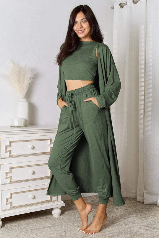 Three-Piece Tied Cardigan, Tank, and Pant Set with Pockets