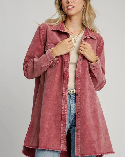 Umgee Raw Hem Button Down Denim Jacket with Chest Pockets - ShopEasier