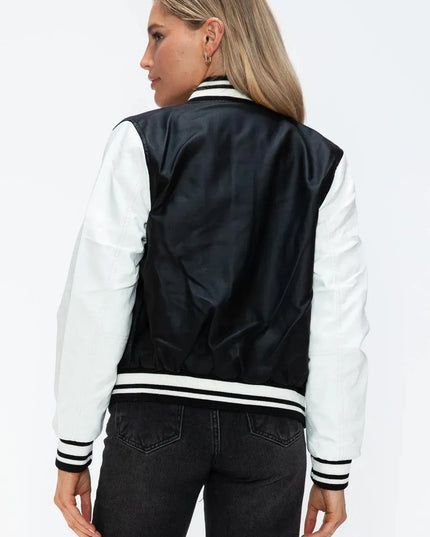 Love Me Now PU Leather Contrast Snap Down Bomber Jacket - ShopEasier