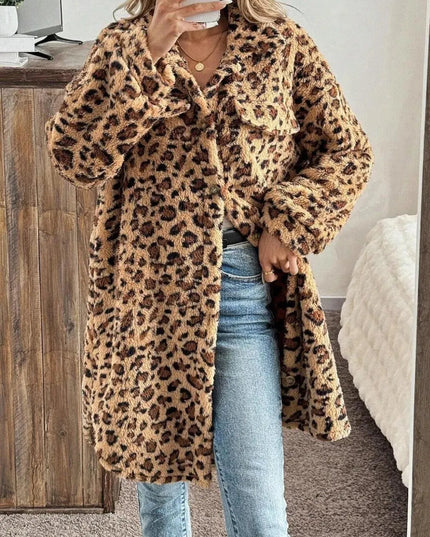 Leopard Button Up Long Sleeve Fuzzy Coat - ShopEasier