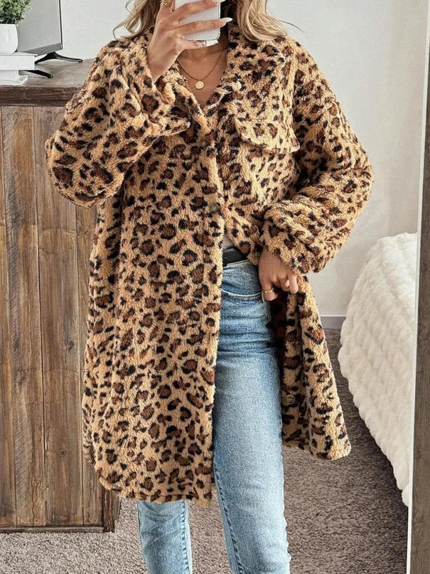 Leopard Button Up Long Sleeve Fuzzy Coat - ShopEasier