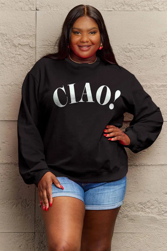 Simply Love Full Size CIAO！Round Neck Sweatshirt - ShopEasier