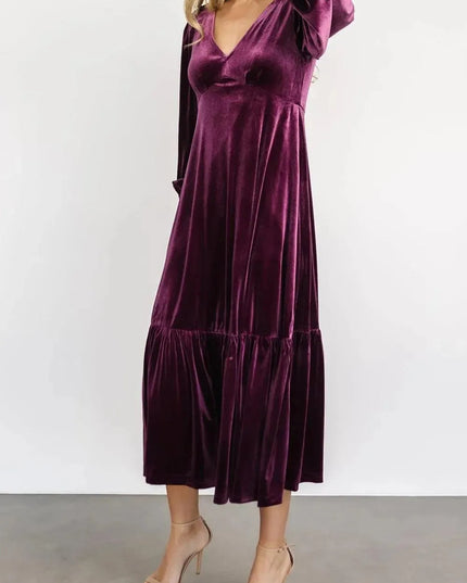 V-Neck Long Sleeve Midi Velvet Dress