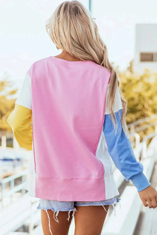 High-Low Slit Opaque Long Sleeve Sweatshirt with Round Neck