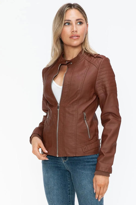 Snobbish PU Leather Biker Jacket with Side Zip Pockets - ShopEasier