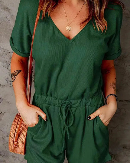 Full Size Drawstring V-Neck Short Sleeve Romper - ShopEasier