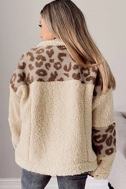 Leopard Print Sherpa Jacket with Collared Neck and Pockets