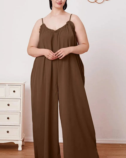 Double Take Full Size Ruffle Trim Tie Back Cami Jumpsuit with Pockets - ShopEasier