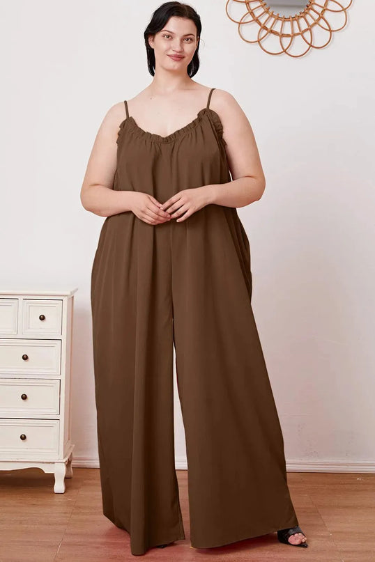 Double Take Full Size Ruffle Trim Tie Back Cami Jumpsuit with Pockets - ShopEasier