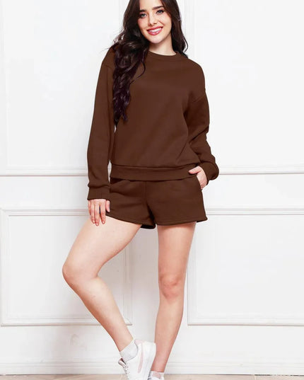 Two-Piece Drawstring Shorts and Long Sleeve Sweatshirt Set