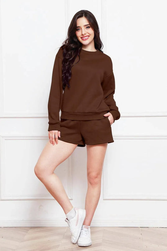 Two-Piece Drawstring Shorts and Long Sleeve Sweatshirt Set