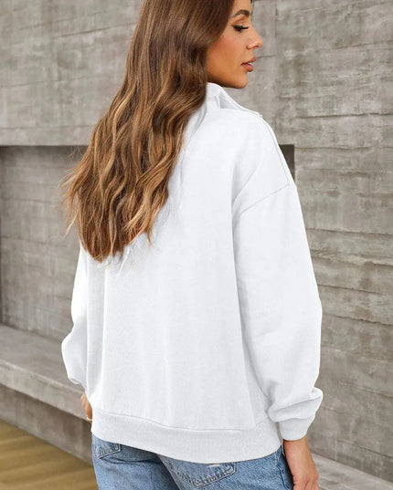 Casual Pocketed Quarter Zip Sweatshirt with Dropped Shoulders