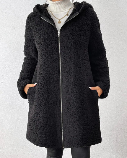 Zip Up Long Sleeve Sherpa Hooded Coat - ShopEasier