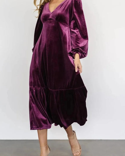 V-Neck Long Sleeve Midi Velvet Dress