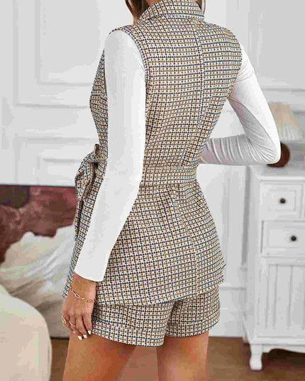 Plaid Collared Neck Two-Piece Vest and Shorts Ensemble