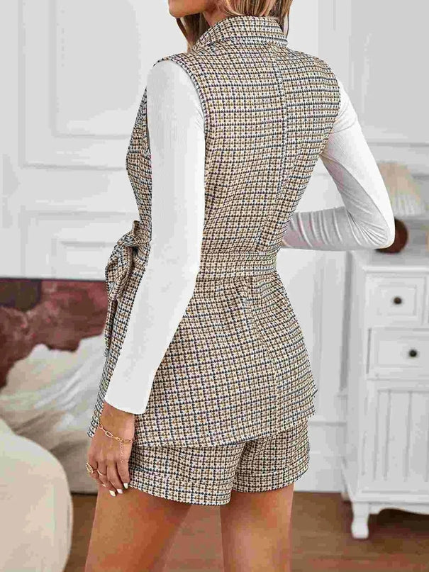 Plaid Collared Neck Two-Piece Vest and Shorts Ensemble