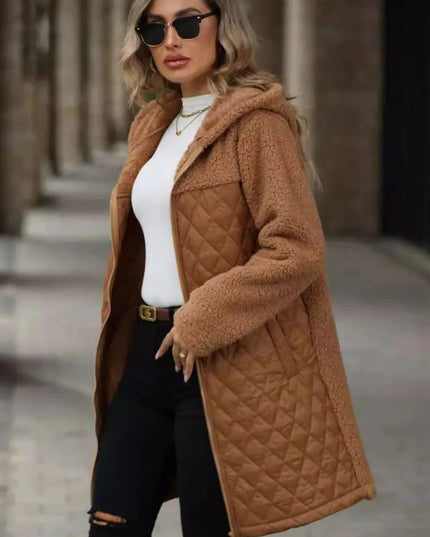 Textured Hooded Zip-Up Coat with Long Sleeves