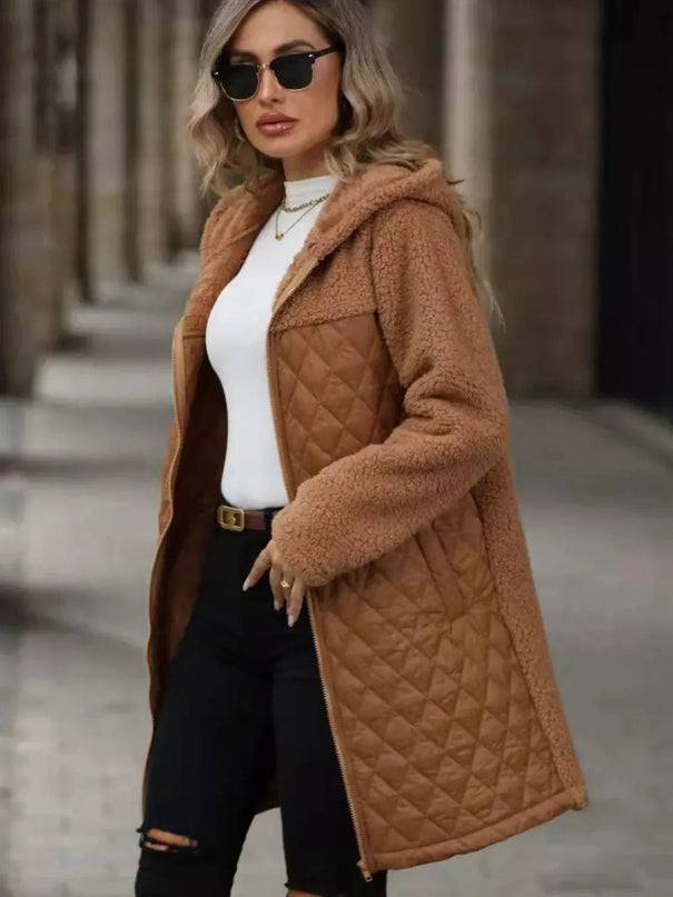 Textured Hooded Zip-Up Coat with Long Sleeves