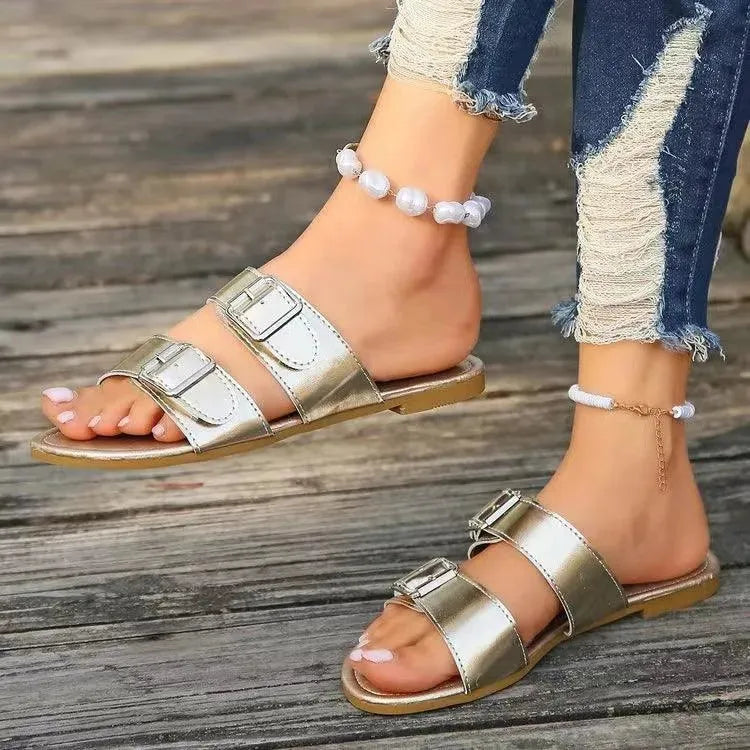 Chic Open Toe Double Buckle Flats