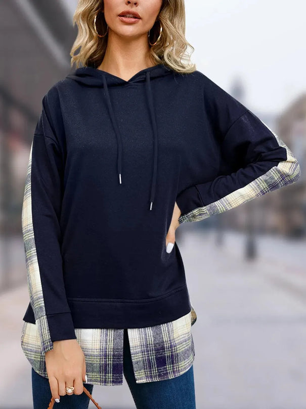 Plaid Drawstring Long Sleeve Slit Hoodie - ShopEasier