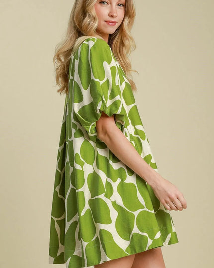 Umgee Two Tone Abstract Print Puff Sleeve Dress