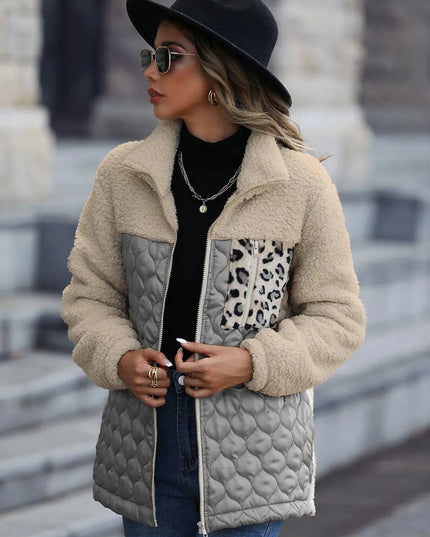 Leopard Print Color Block Zip-Up Hooded Jacket